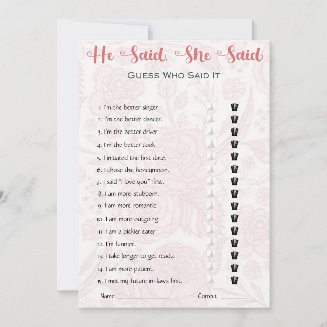 He Said She Said Bridal Shower Game Invitation (Front)