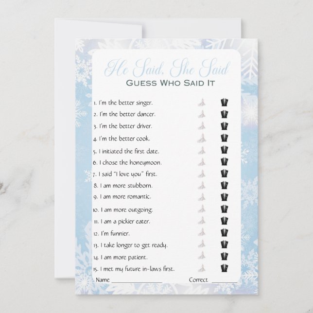 He Said She Said Bridal Shower Game Invitation (Front)