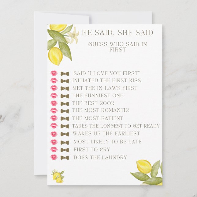 He Said She Said Bridal Shower Game, Main Squeeze Thank You Card (Front)