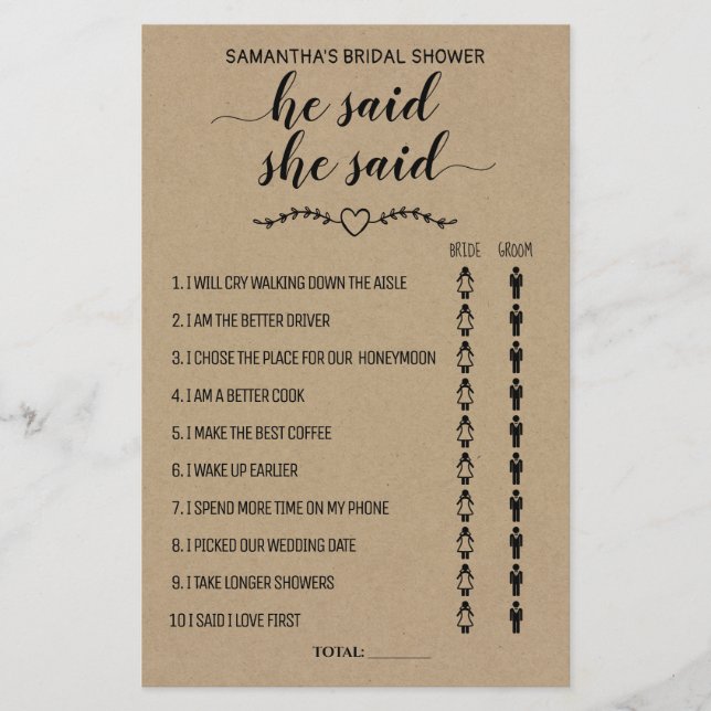He Said She Said Bridal Shower Rustic Game Card (Front)