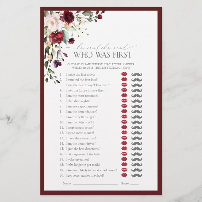 He Said She Said Burgundy Bridal Shower Game (Front)