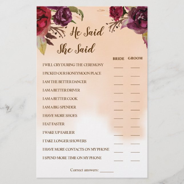 He Said She Said Burgundy Couple Shower Game Card (Front)