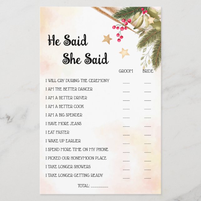 He Said She Said Christmas Bridal Shower Game Card (Front)