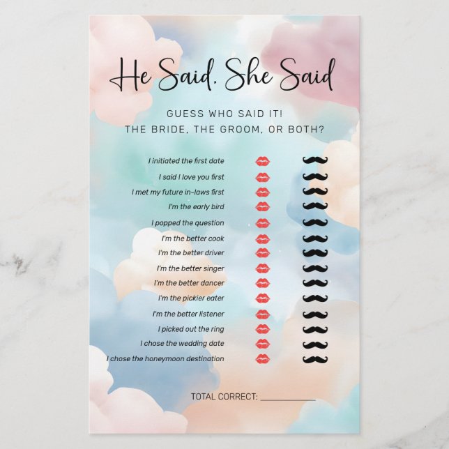  He Said, She Said Cloud Nine Bridal Shower Game (Front)
