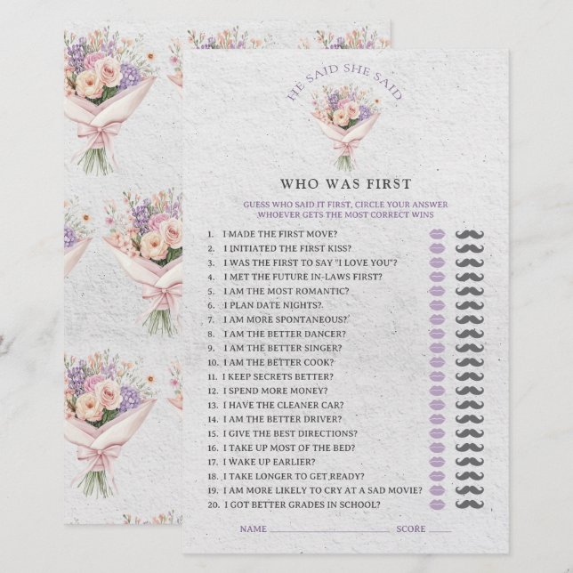 He Said She Said Elegant Floral Bridal Shower Game (Front/Back)