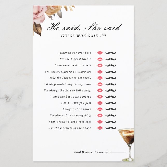 He Said She Said Espresso Bridal Shower Game (Front)