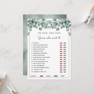 He Said She Said Eucalyptus Bridal Shower Game In Invitation