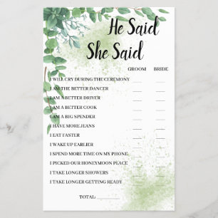 He Said She Said Eucalyptus BridalShower Game Card