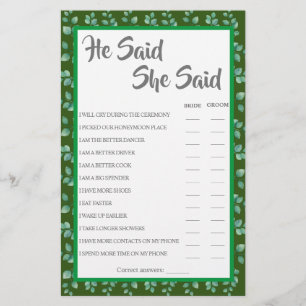 He Said She Said   Eucalyptus Shower Game Card