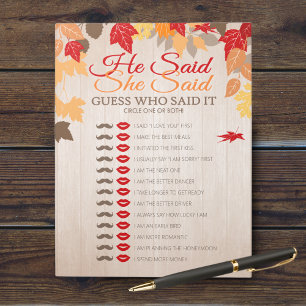 He Said She Said Fall Bridal Shower Game Pack Notepad