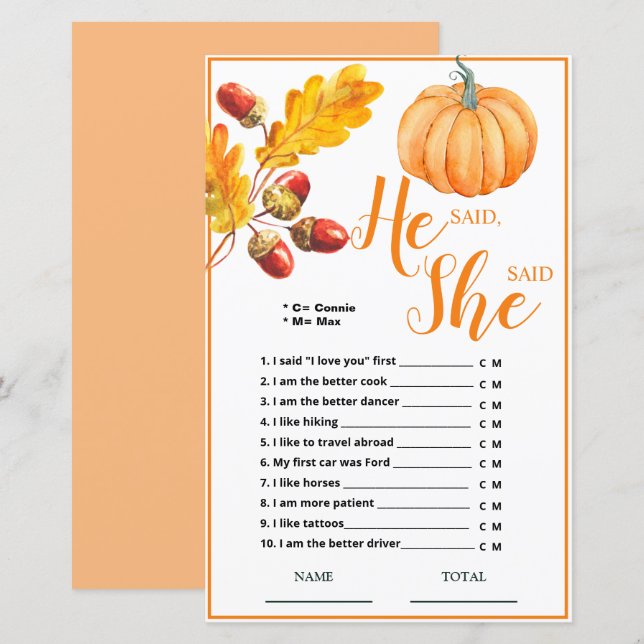 He said She said Fall Pumpkin Bridal Game (Front/Back)