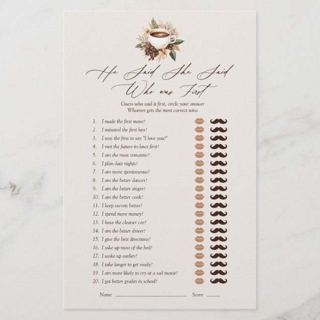 He Said She Said Floral Coffee Bridal Shower Game (Front)