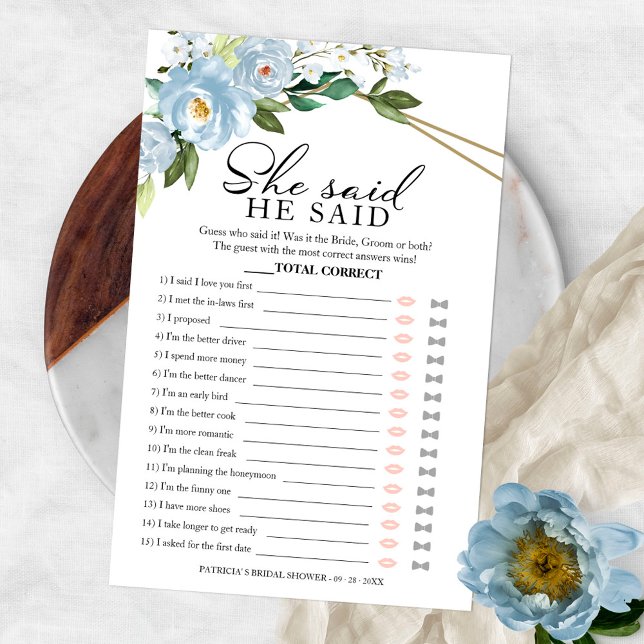 He Said She Said Game Dusty Blue Bridal Shower Flyer (Creator Uploaded)