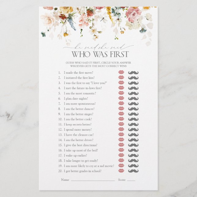 He Said She Said Garden Flowers Bridal Shower Game (Front)