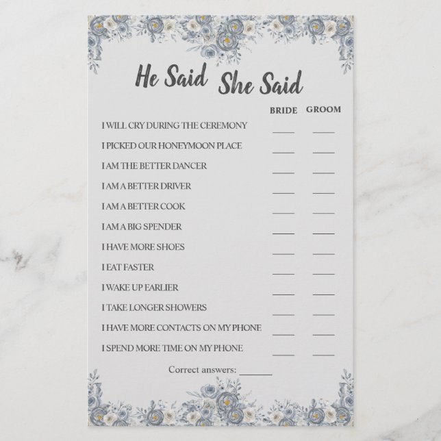 He Said She Said Grey Couple Shower Game Card (Front)