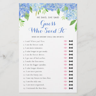 He Said She Said Hydrangea Bridal Shower Word Game