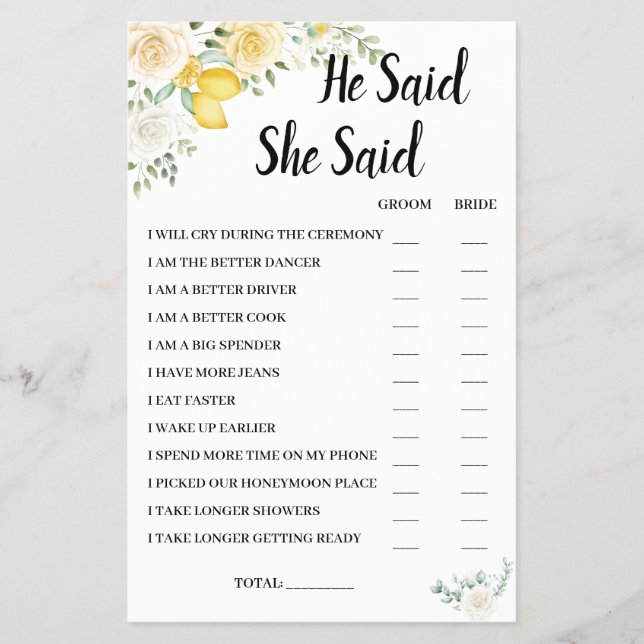 He Said She Said Lemon&Rose BridalShower Game Card (Front)