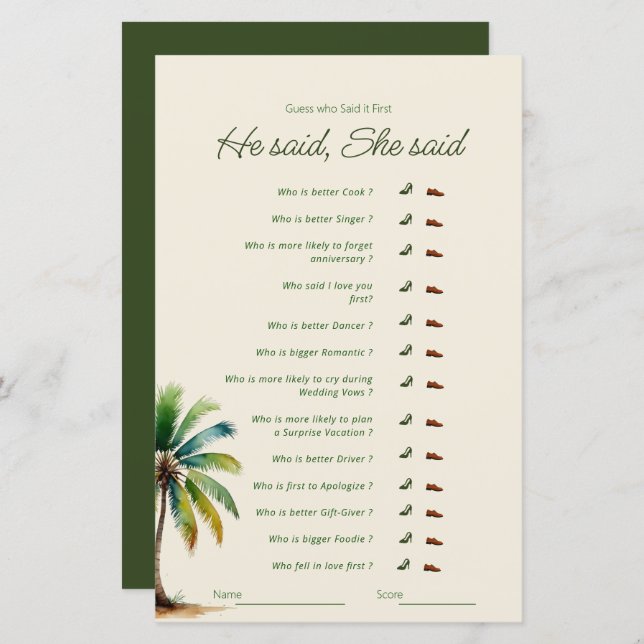he said she said palm tree bridal shower game (Front/Back)
