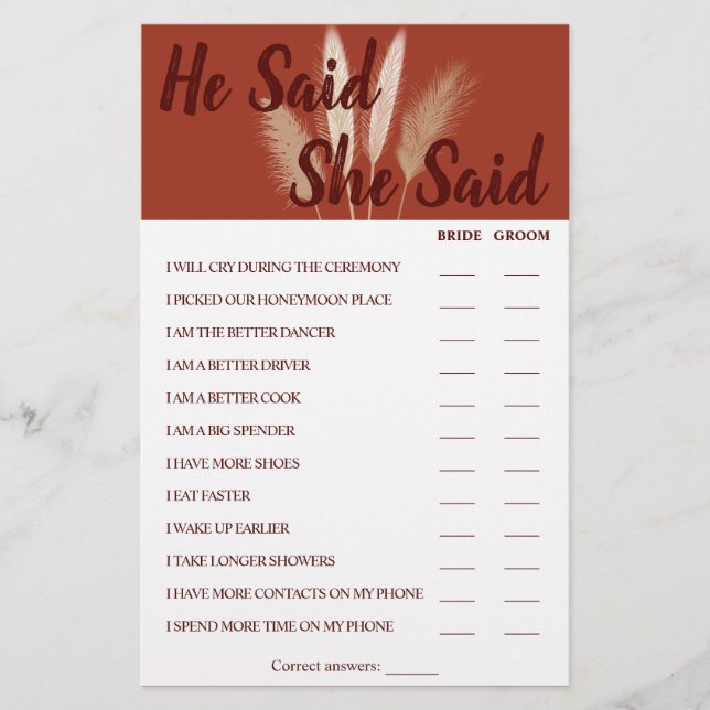 He Said She Said Pampas Couples Shower Game Card (Front)