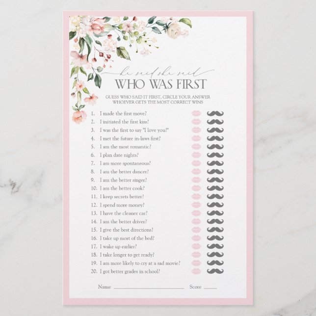 He Said She Said Pink Floral Bridal Shower Game (Front)