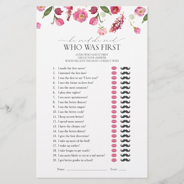He Said She Said Pink Flowers Bridal Shower Game (Front)