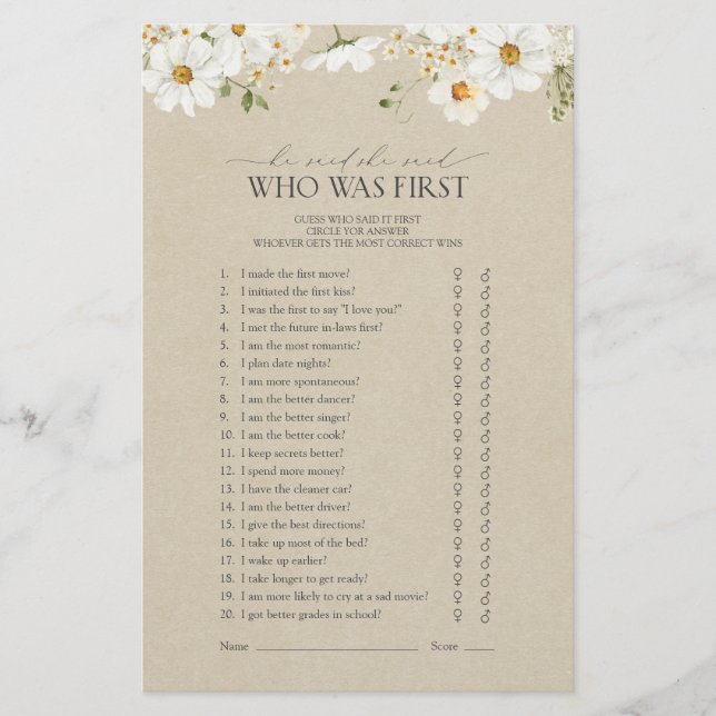 He Said She Said Rustic Daisy Bridal Shower Game (Front)