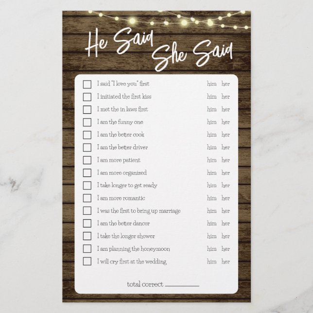 He Said She Said Rustic Shower Game Flyer (Front)
