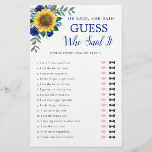 He Said She Said Sunflower Blue Bridal Shower Game
