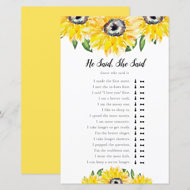 He Said She Said Sunflower Bridal Shower Game  (Front/Back)