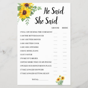 He Said She Said Sunflower Bridal Shower Game Card