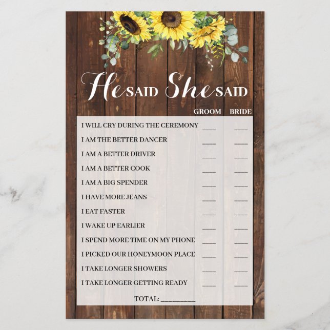 He Said She Said Sunflower Bridal Shower Game Card (Front)