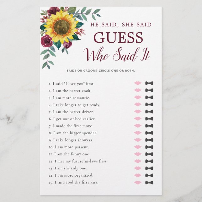 He Said She Said Sunflower Burgundy Bridal Shower  (Front)