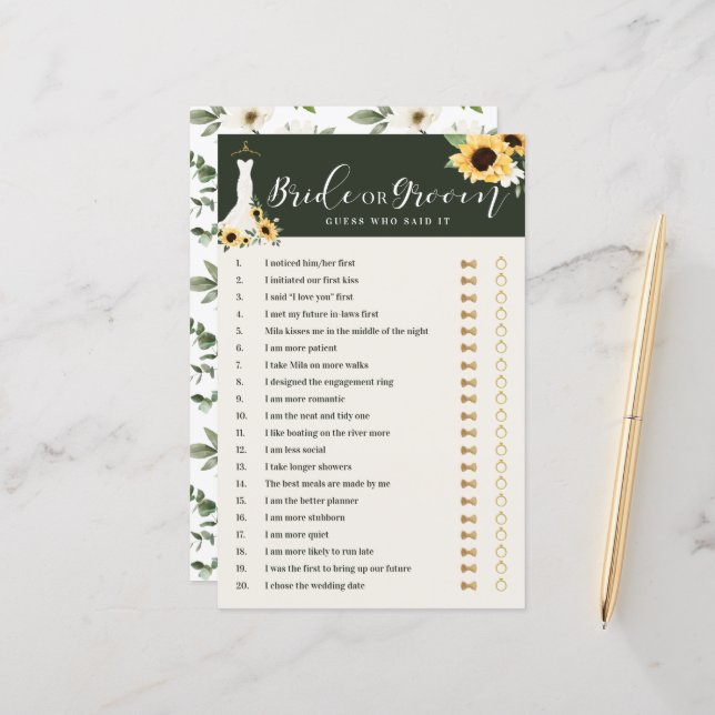 He Said She Said Sunflower Gown Bridal Shower Game (Front/Back In Situ)
