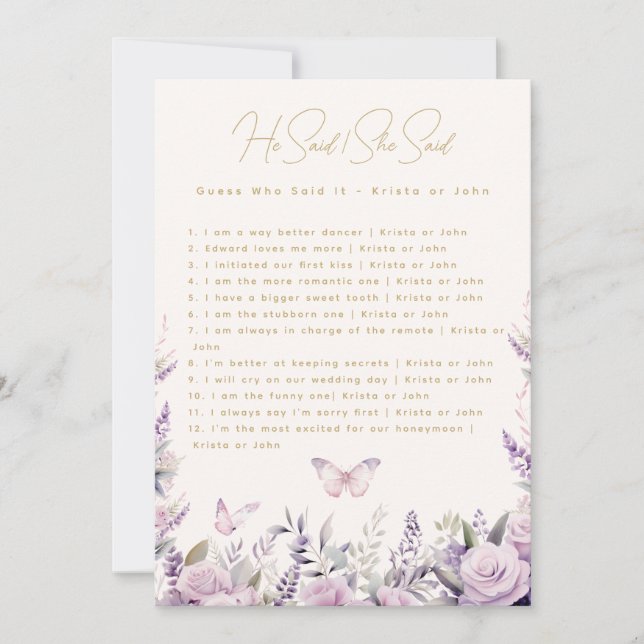 He Said She Said Trivia Butterflies Bridal Game Invitation (Front)