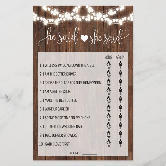 He said She said Western Bridal Shower game card (Front)