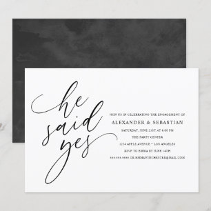 He Said Yes Modern Black Script Engagement Party Invitation