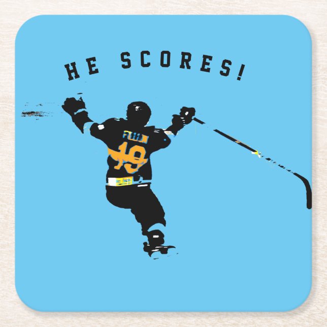 He Scores! - Ice Hockey Player Square Paper Coaster (Front)