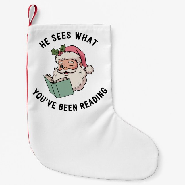 He Sees What You've Been Reading Bookish Christmas Small Christmas Stocking (Front)