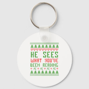 He Sees What You've Been Reading Christmas Book Wo Keychain