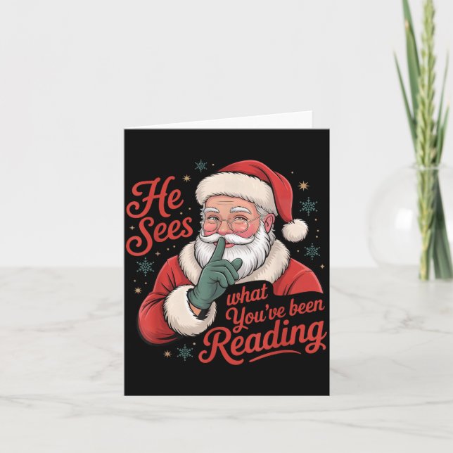 He Sees What You've Been Reading, Retro Santa Chri Card (Front)