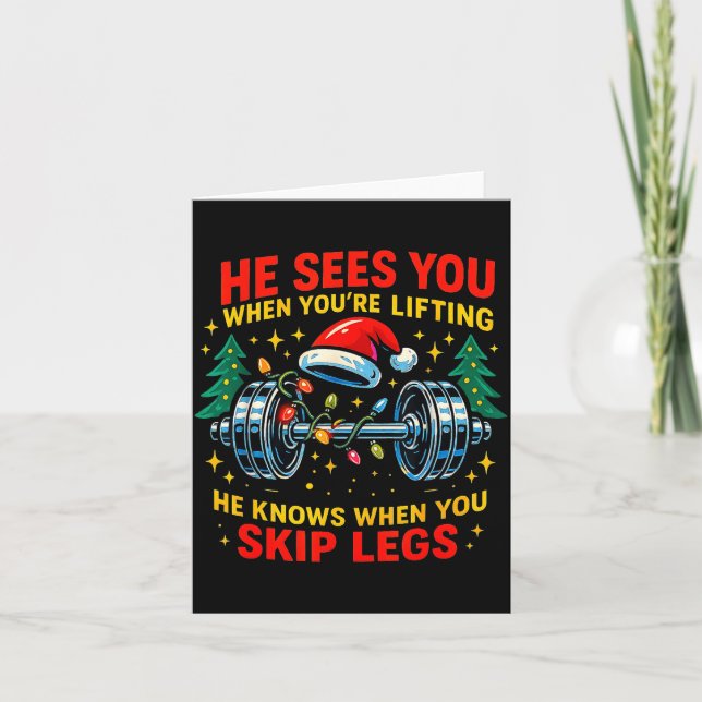 He Sees You Lifting Funny Skip Legs Christmas Tee  Card (Front)