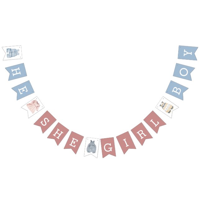 He She Girl Boy Gender Reveal Dusty Pink Blue Bunting Flags (All)