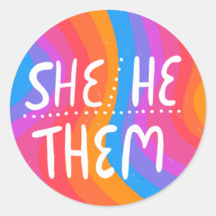 HE/SHE/THEM Pronouns Rainbow Handlettering Sheet Classic Round Sticker