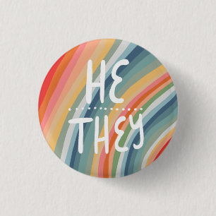 HE/THEY Pronouns Colorful Handlettered Rainbow 1 Inch Round Button