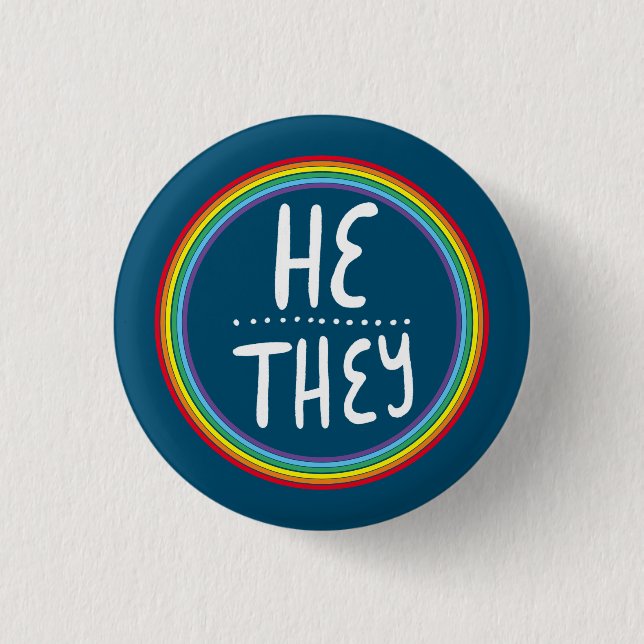 HE/THEY Pronouns Rainbow Handlettered Minimal  1 Inch Round Button (Front)
