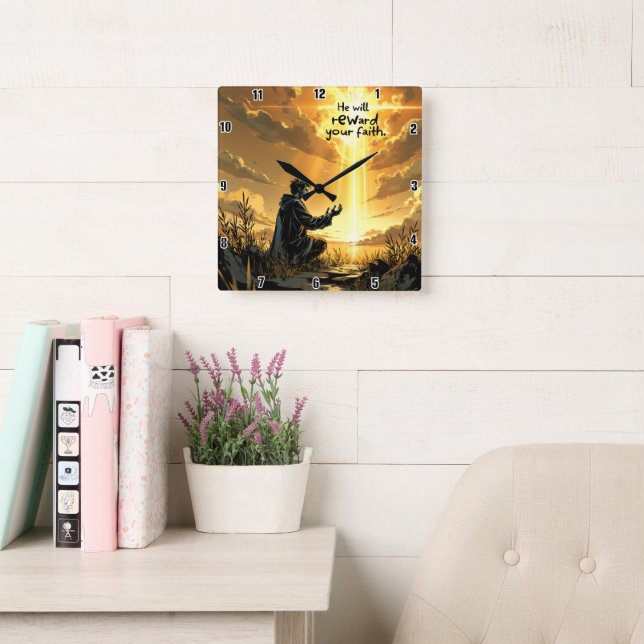 He will reward your faith square wall clock (Reading Room)