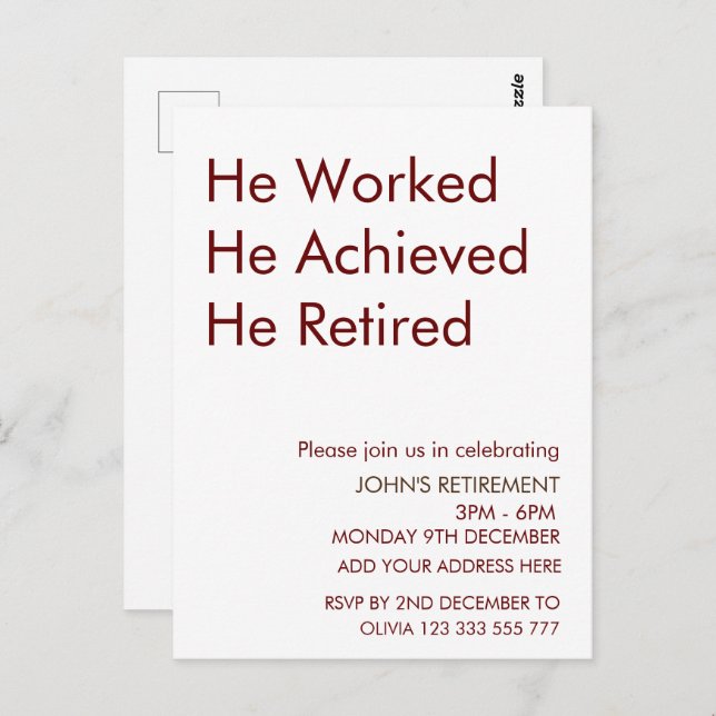 He Worked He Achieved He Retired Retirement Custom Postcard (Front/Back)
