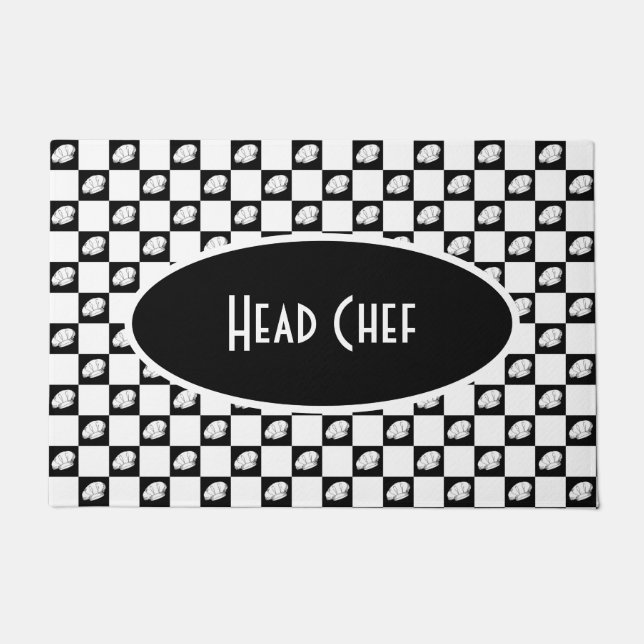 Head Chef Black and White Chequered Kitchen Doormat (Front)