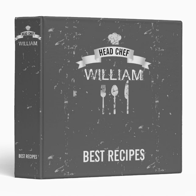 Head chef grey recipes custom name  binder (Front/Spine)