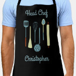 Head Chef Personalized Apron<br><div class="desc">Fun Head Chef design with kitchen implements for your favourite chef,  cook or grill expert.  Change the name to personalize.</div>